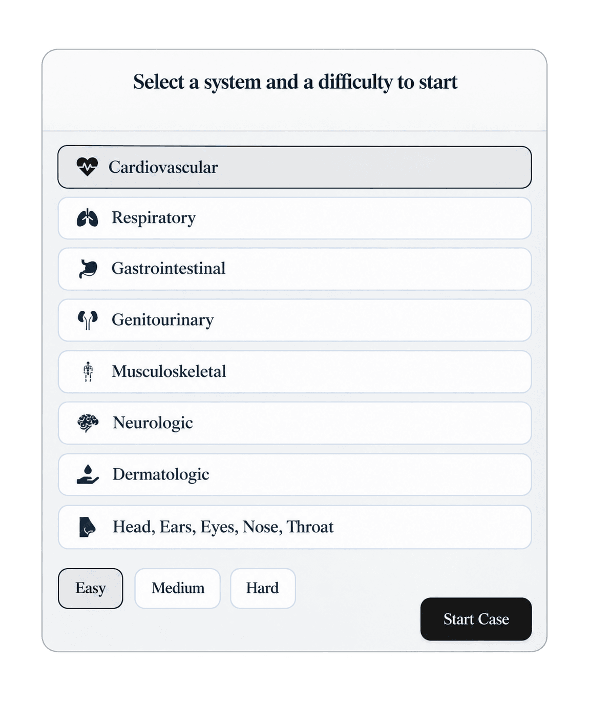 Case selection screen with body system and difficulty options